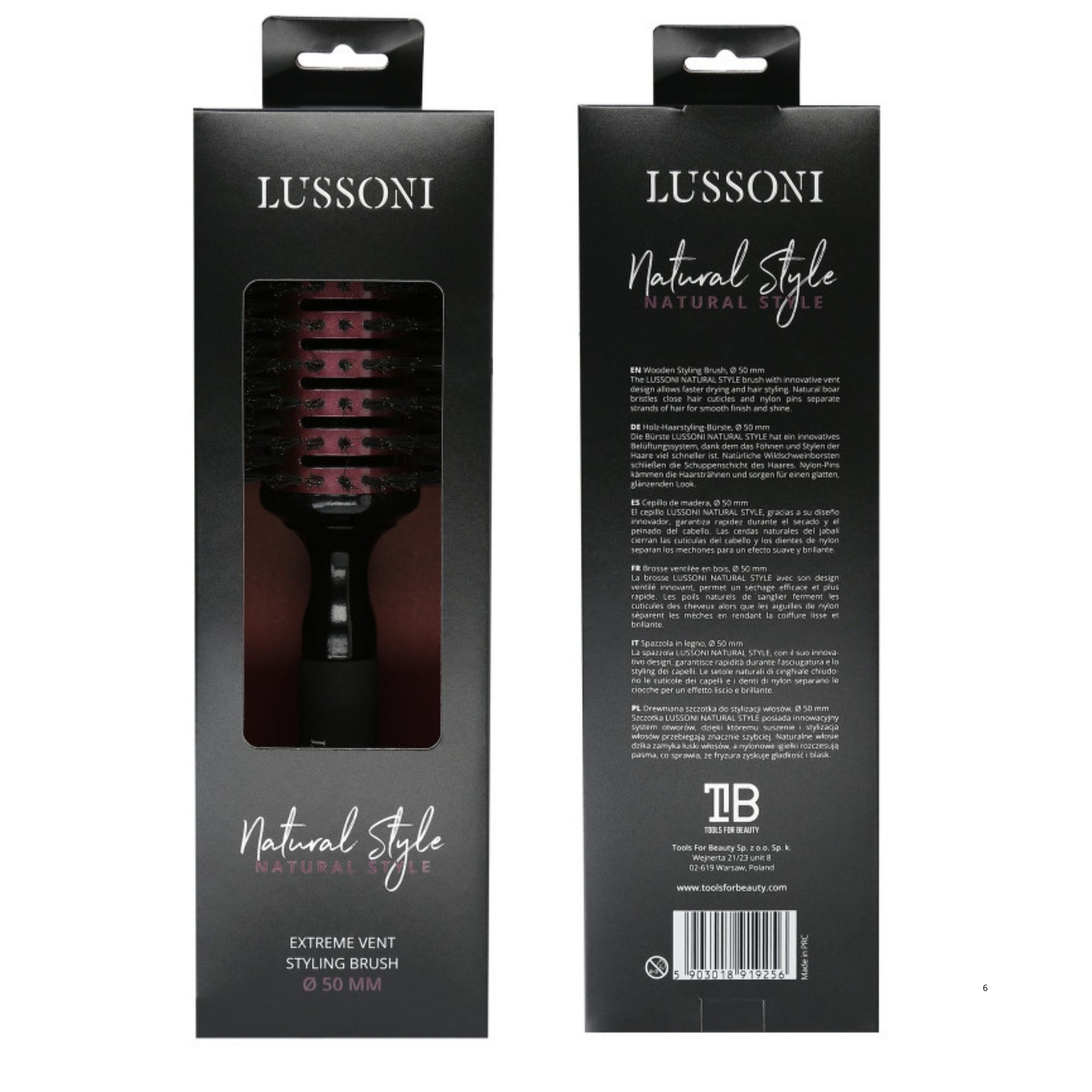 LUSSONI Natural Style kulatý kartáč s kančími štetinami 50 mm