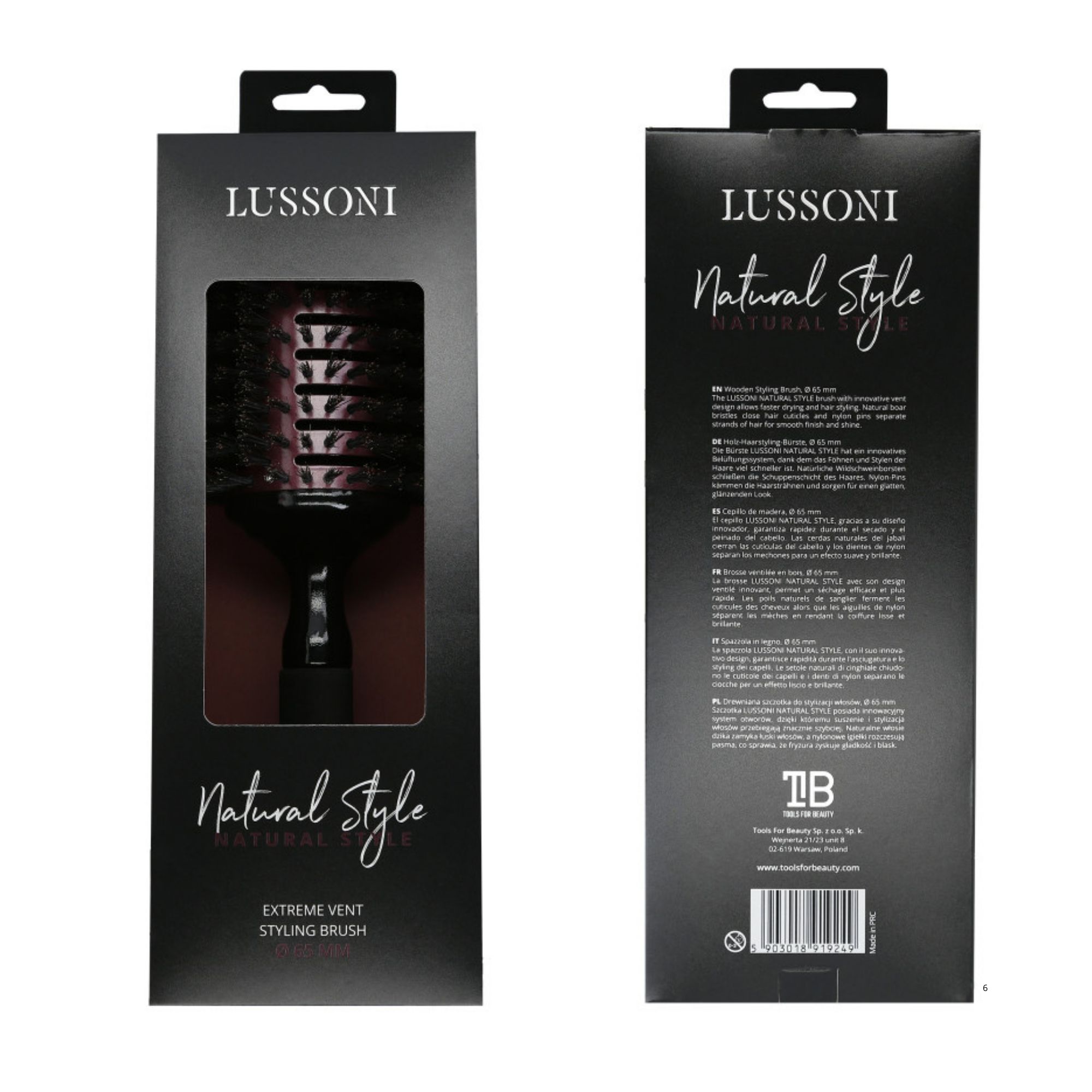 LUSSONI Natural Style kulatý kartáč s kančími štetinami 65 mm