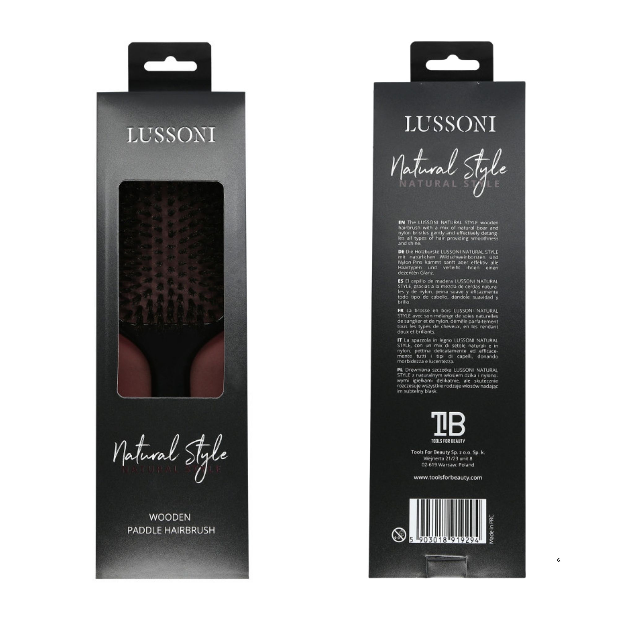 LUSSONI Natural Style plochý hranatý kartáč s kančími štetinami